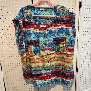 Antilia Femme 2X Colorful Snakeskin Print Button‎ Down Sleeveless Blouse